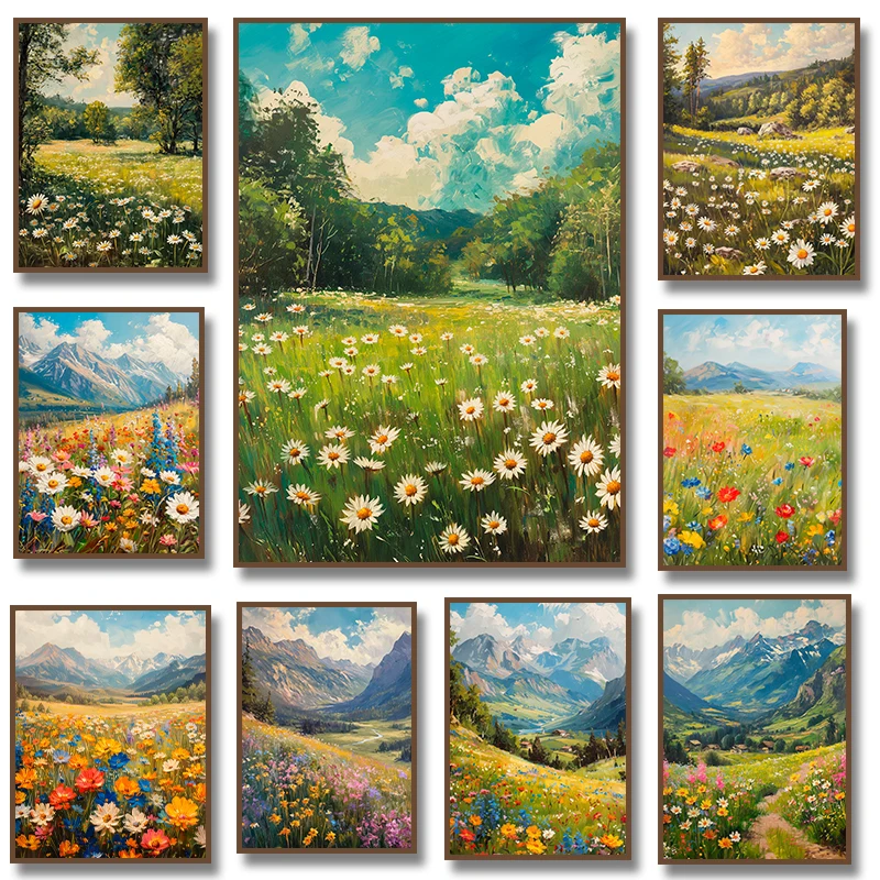1pc frameless Wildflower Field Natural Daisy Floral Colorful Summer Poste Vibrant Mountain Scenery Canvas for Living Room Home D