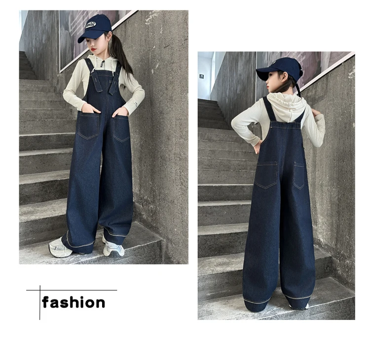 Kinder Vintage Dunkelblauer Denim-Overall für Mädchen, Modischer Jumpsuit, High-Street-Oberbekleidung, Kinder-Teenager-Latzhose mit Trägern, Größe 5-14 – Detail 9