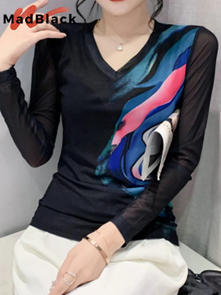 

European And American 2022 New Tshirts Slim Mesh Positioning Printing V-neck Long-Sleeved T-shirt Female Tees top T29324X