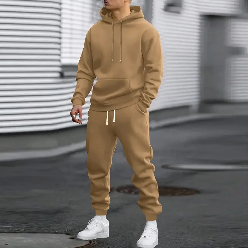 Men's Thickened Fleece Tracksuit Set Hoodie Sweatpants Solid Color Sportswear