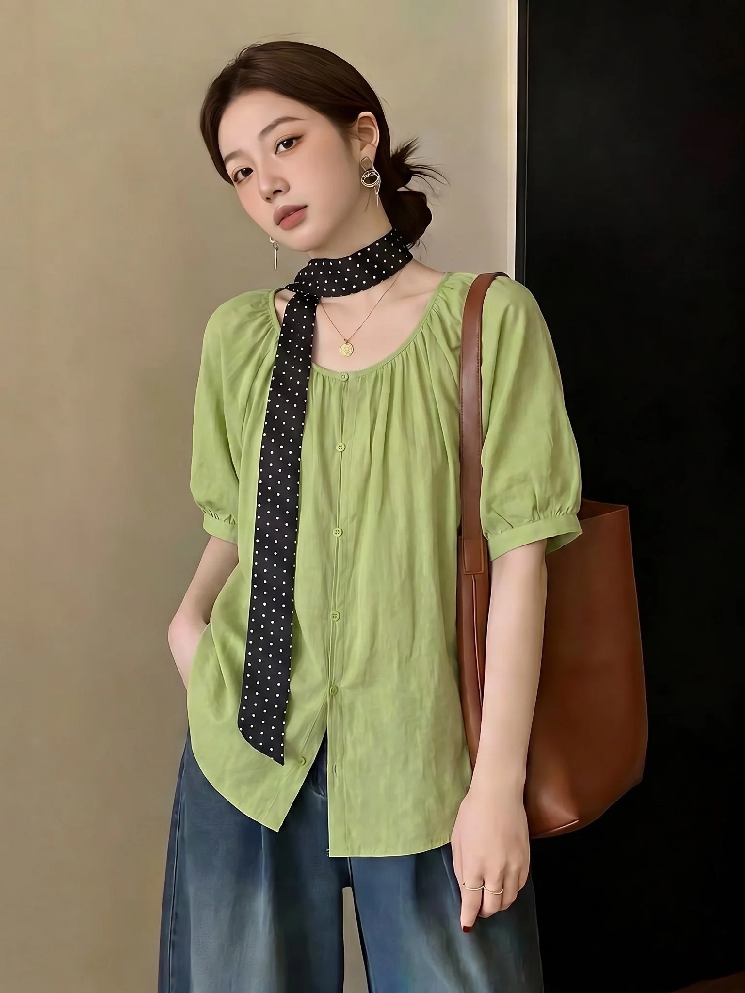 

Summer New Large Size Polka Dot Bow Tie Short Sleeve Doll Shirt Women's Korean Style Commute Loose Fit round Neck Top