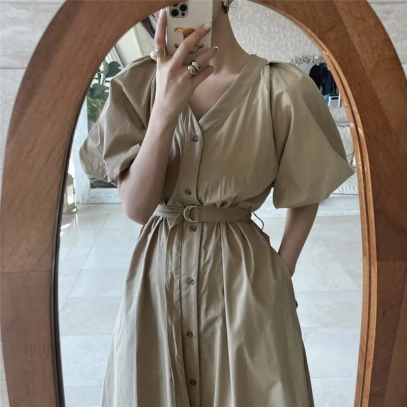 REALEFT Vintage High Waist Women's Shirt Dresses Sashes 2025 New Spring Summer Puff Sleeve V-neck Single Breasted Long Dress