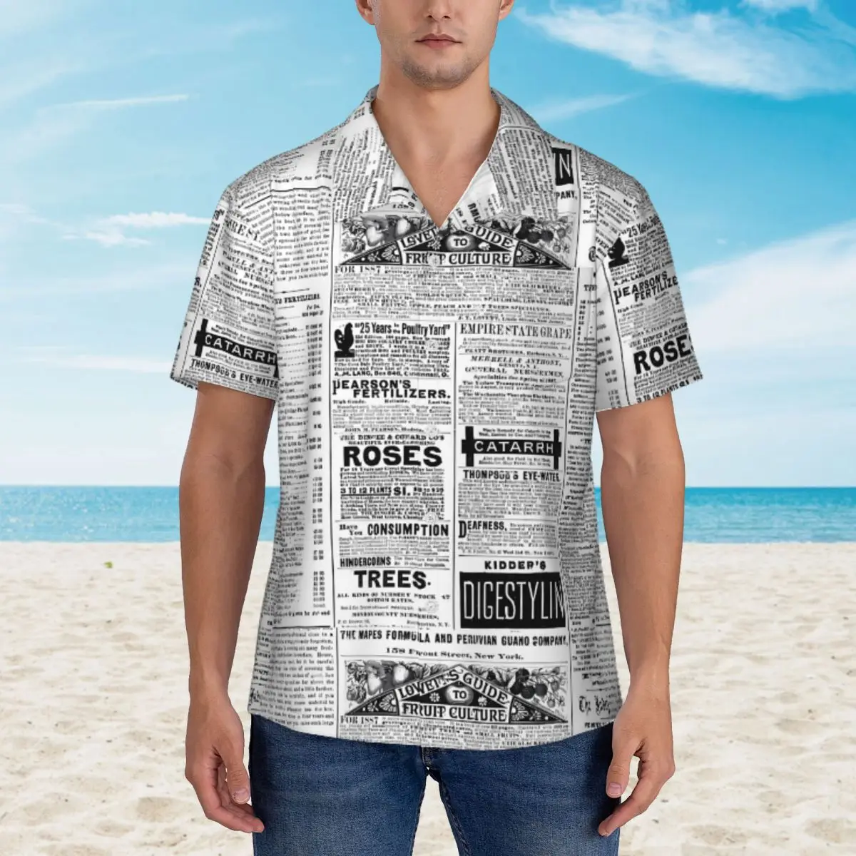 

Old Newspaper Hawaiian Shirt Male Beach Retro Letter Print Casual Shirts Short-Sleeved Fashion Printed Classic Oversized Blouses