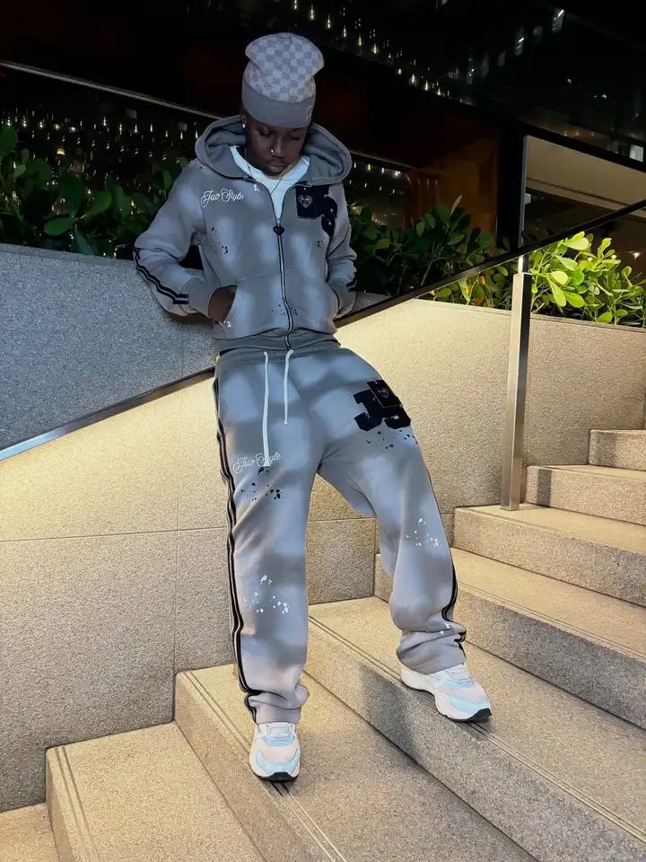 Y2K New Light Grey Classic Style Sports Set Street Hip Hop Stripe