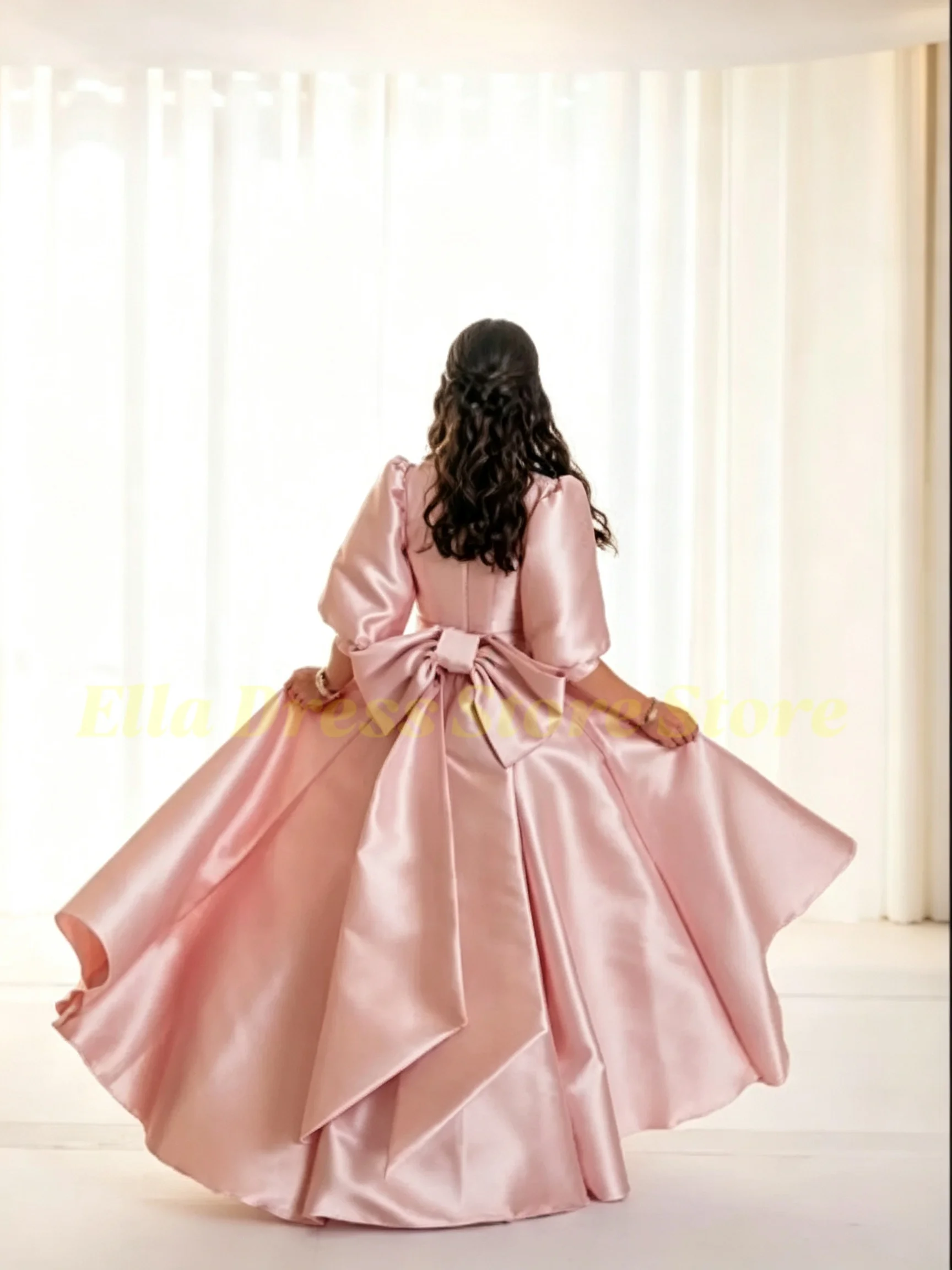 Großhandel Elegantes Rosa Satin-Blumenmädchenkleid mit Langen Puffärmeln für Kinder-Sakrament, Geburtstag, Brautjungfernkleid nach Maß – Detail 4