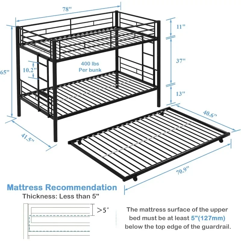 Double Bed with Pulley, Metal Double Bed with Ladder and Full Length Guardrail, No Noise, No Need for Springs