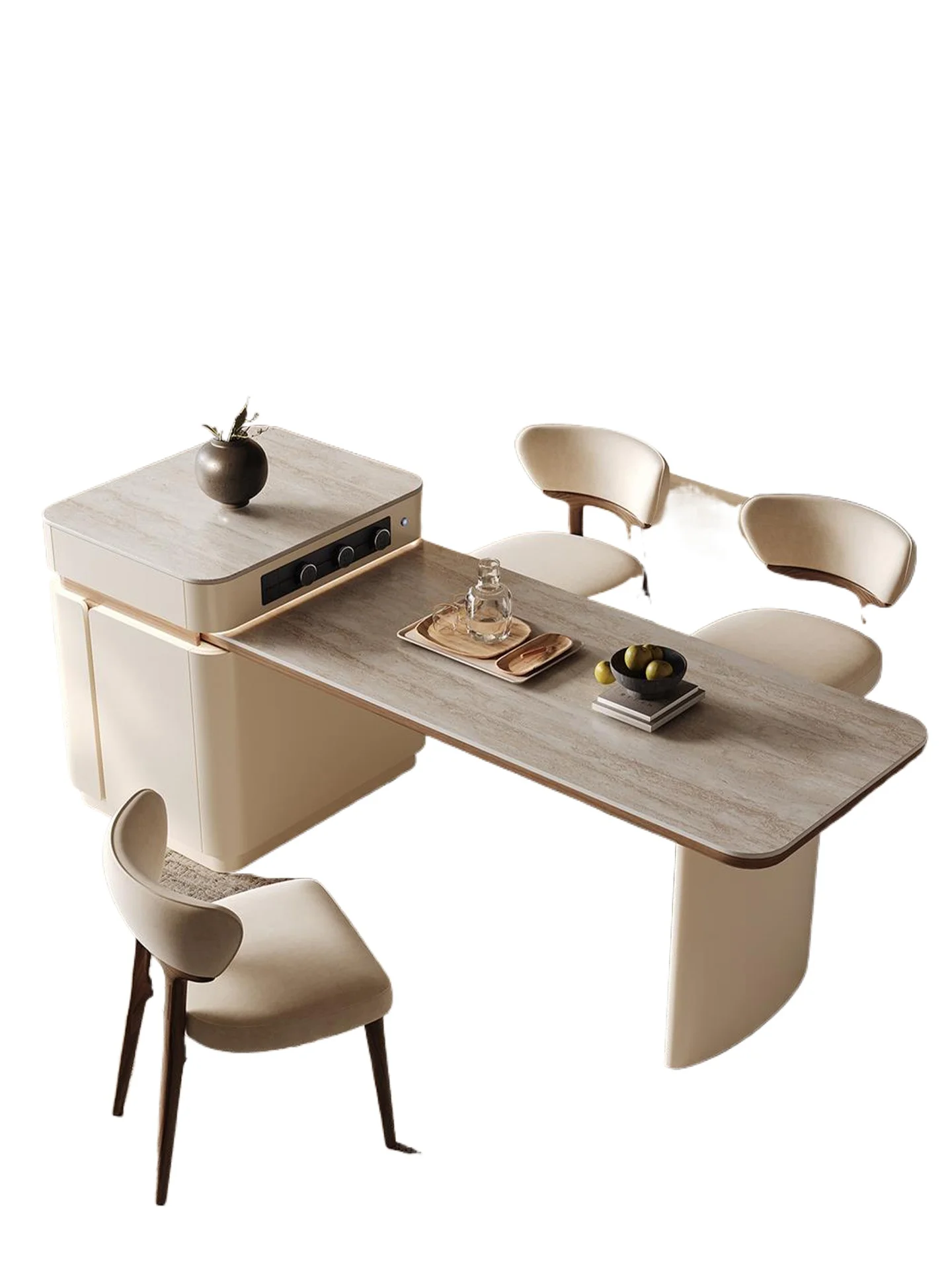 

Light luxury island dining table integrated household retractable French cream wind light luxury rock slab middle guide