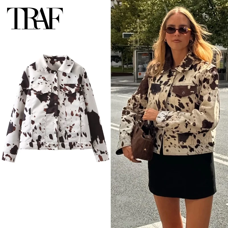 TRAFผู้หญิงพิมพ์Cropped Jacketใหม่ในOuterwears 2024 ฤดูใบไม้ร่วงDemi-Seasonขนาดใหญ่เสื้อแจ็คเก็ตแขนยาวเสื้อสั้น