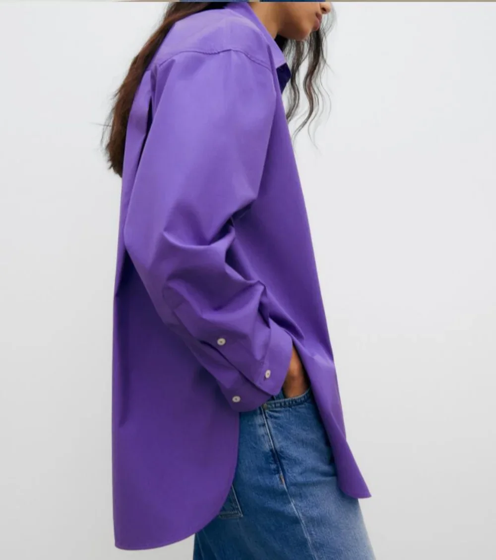 Autumn New Purple Casual Fit Poplin Solid Color Long Sleeve Shirt Top