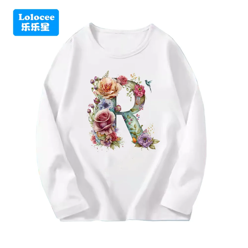 A B C D E English Alphabet Floral Print White T Shirt Girls' New Spring Autumn Long Sleeve T-Shirt Harajuku Fashion Tops Tshirts