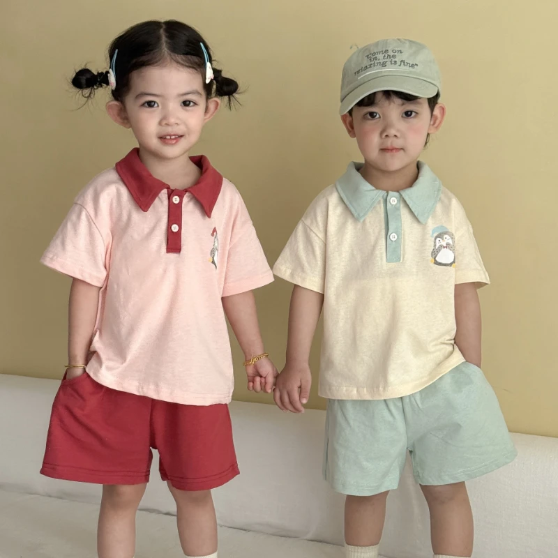 

2026 New Summer Hot Selling Cotton Contrasting Collar Half Sleeved Top and Shorts Brother and Sister Set
