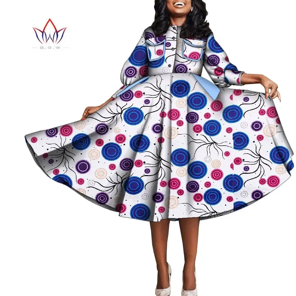

African Women Dresses Fashion Three Quarter Sleeves Clothes Bazin Riche Plus Size Mid-Calf Dress WY9773