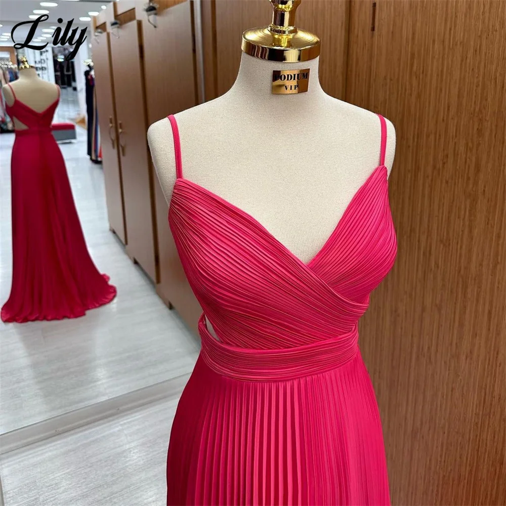 Lily Watermelon Red Prom Dress Crinkled Sweetheart Evening Dress Spaghetti Straps Beach Party Dress Witth Pleats Chiffon 프롬드레스