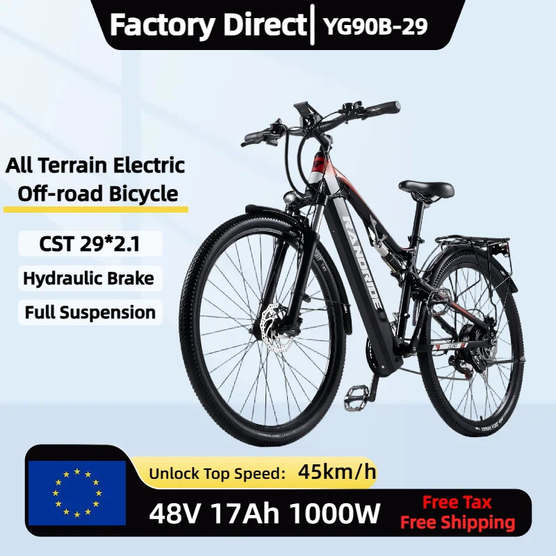Vélo électrique RANDRIDE YG90B-29 1000W 48V 17AH, freins hydrauliques, batterie lithium, VTT électrique pour adultes, 29 pouces