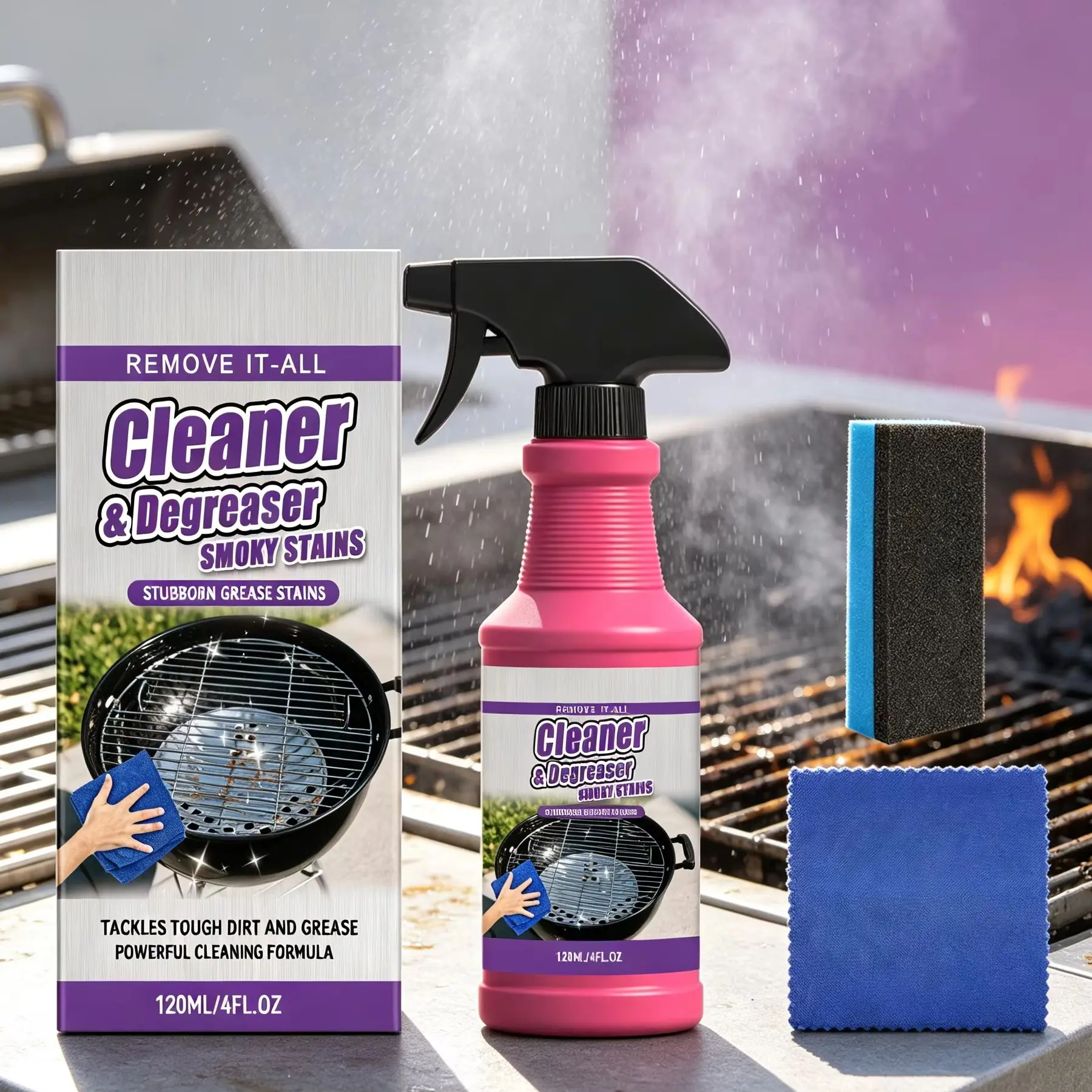 BBQ Grill Cleaner Grease Smoky Stain Remover Kitchen Degreaser Spray Grill Barbecue Outdoor Kitchen Grease Cleaner with Sponge