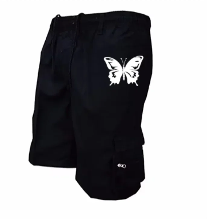 Men's Cargo Shorts White Butterfly Print Elastic Waist Drawstring Multi Zipper Pocket Casual Summer Streetwear Shorts