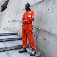 Spring Overalls Men Jumpsuit Cotton Letter Embroidery Beam Feet Coverall Pants Multi Pocket Workwear Black Orange Loose Trousers - Image 3