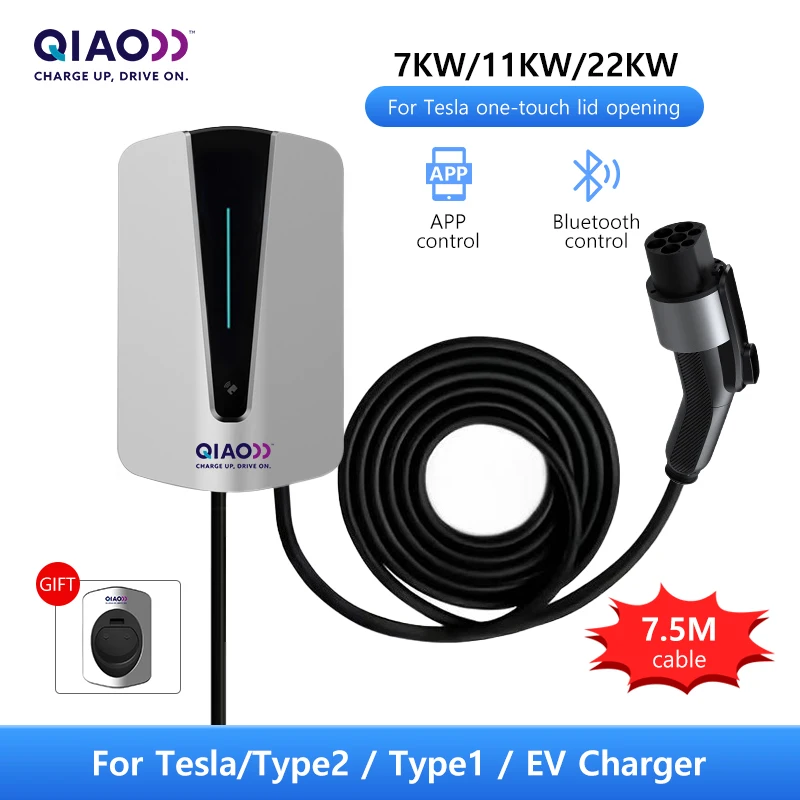 QIAO EV Charger Type 2 7.3KW 11KW 22KW 7.5 Meters Wifi Bluetooth APP Control EV Fast Charge Station Electric Vehicle Charging