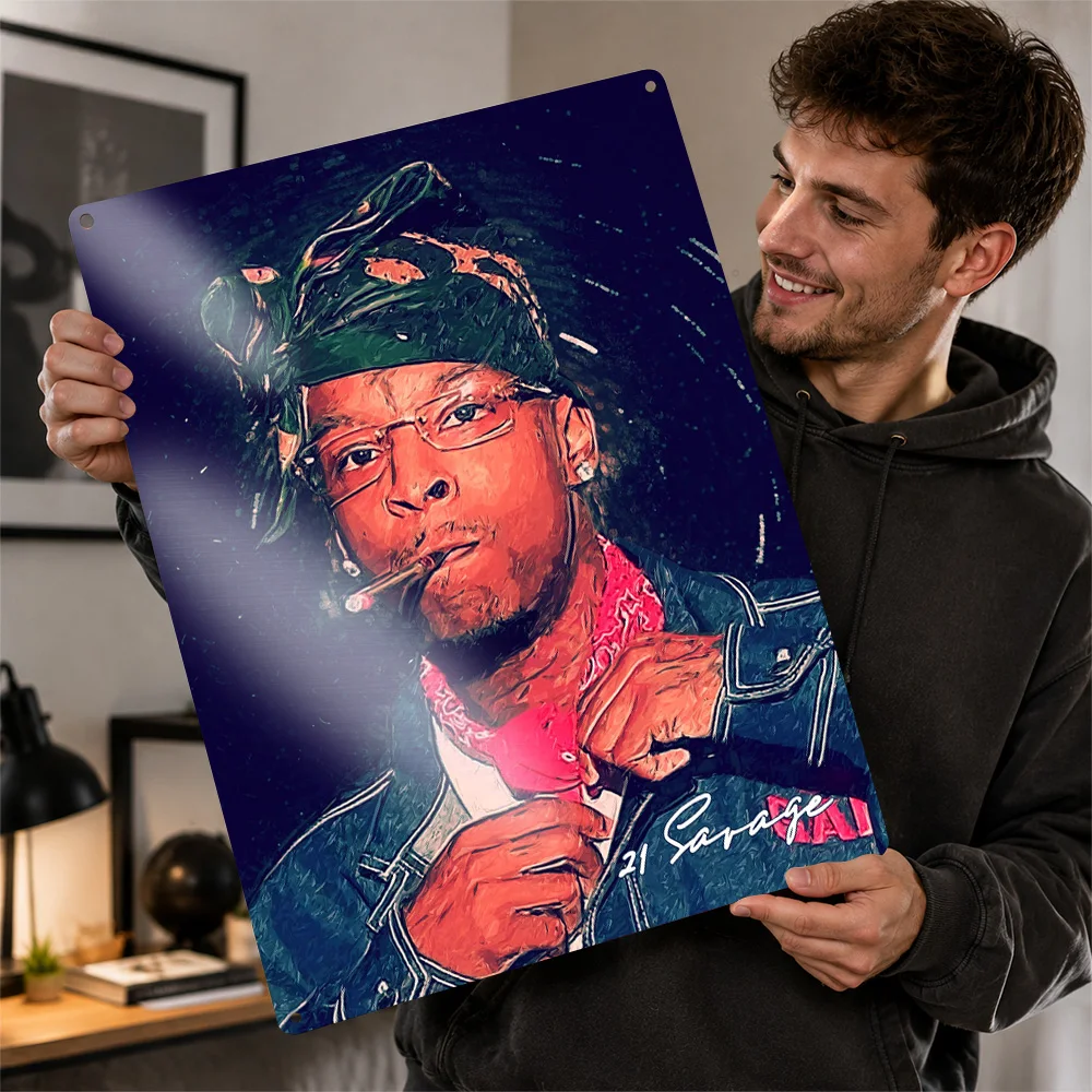 21 Savage Portrait With Bandana Printed Poster Painterly Wall Art For Music Studio Personalized Aluminum Metal Sign Fan Gift