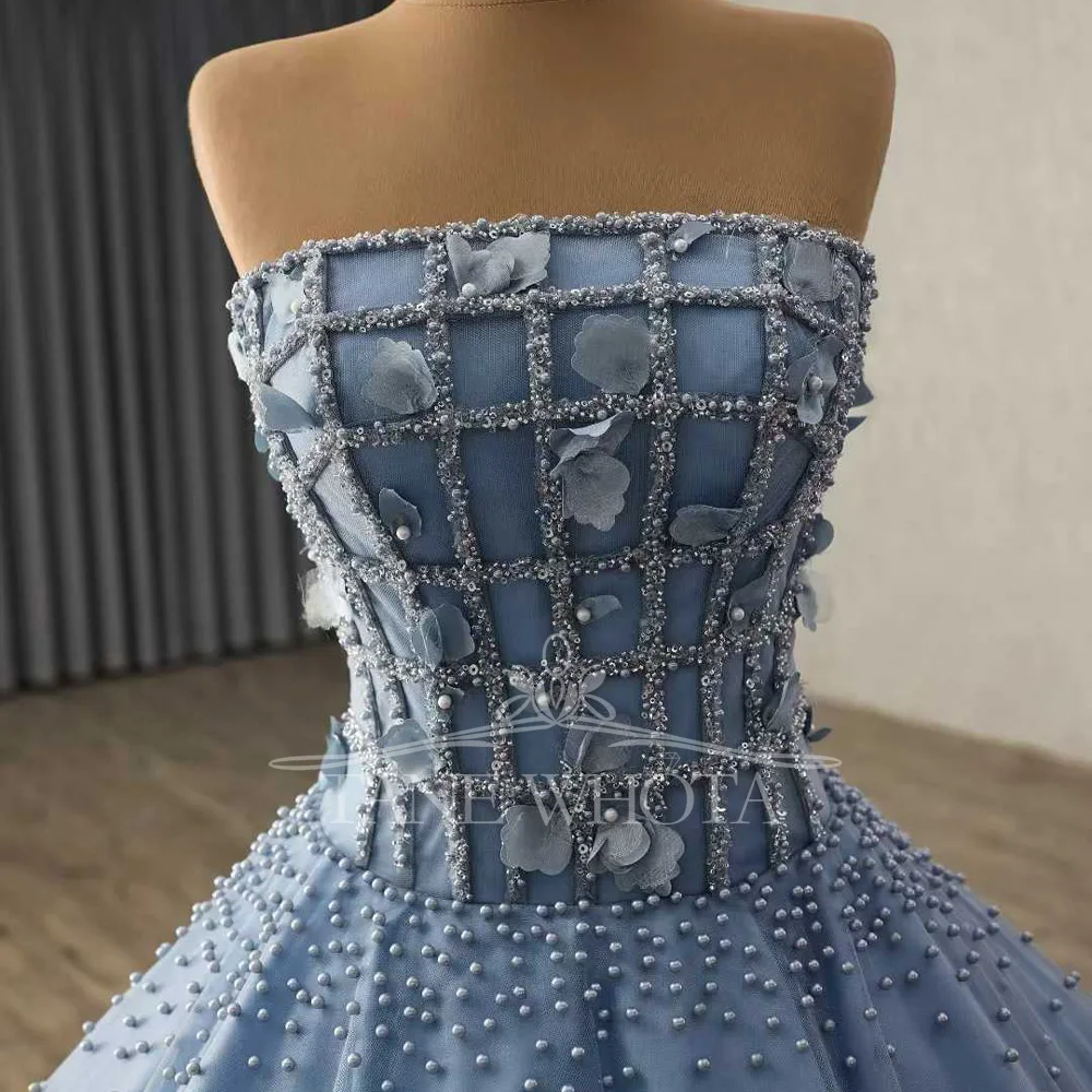 فستان سهرة أزرق بدون حمالات بدون أكمام مع زينة مطرزة بالخرز برباط من الخلف فستان حفلات فاخر قابل للتخصيص