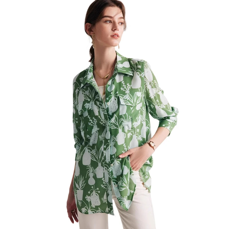

2025 New Spring Women Fashion Green Print 100% Real Silk Shirts High Quality Female Tops Shirts