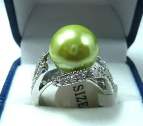 

Charming! Apple Green South Sea shell pearl Round Bead ring size 6 7 8 9