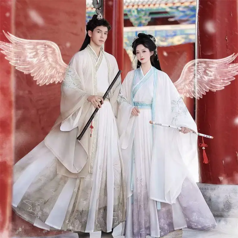 

Ancient Chinese Costume Men Women Traditional Cross Collar Large Sleeve Shirt Couples Halloween Fairy Martial Cosplay Hanfu Suit