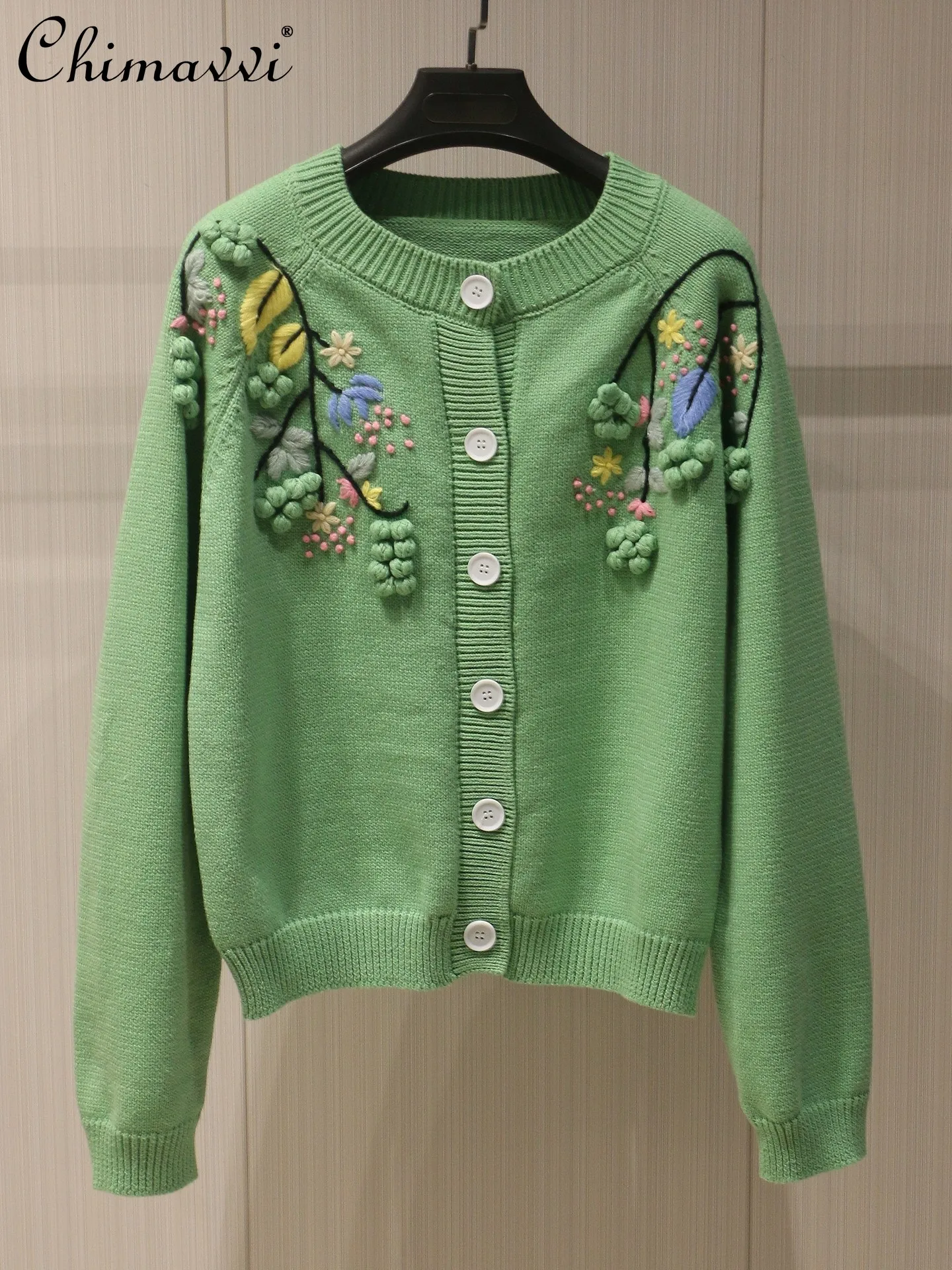 

Heavy Three-Dimensional Flower Embroidery Knitted Cardigan Fashion Round Neck Green Sweater Coat Women 2025 Winter ClothesNew