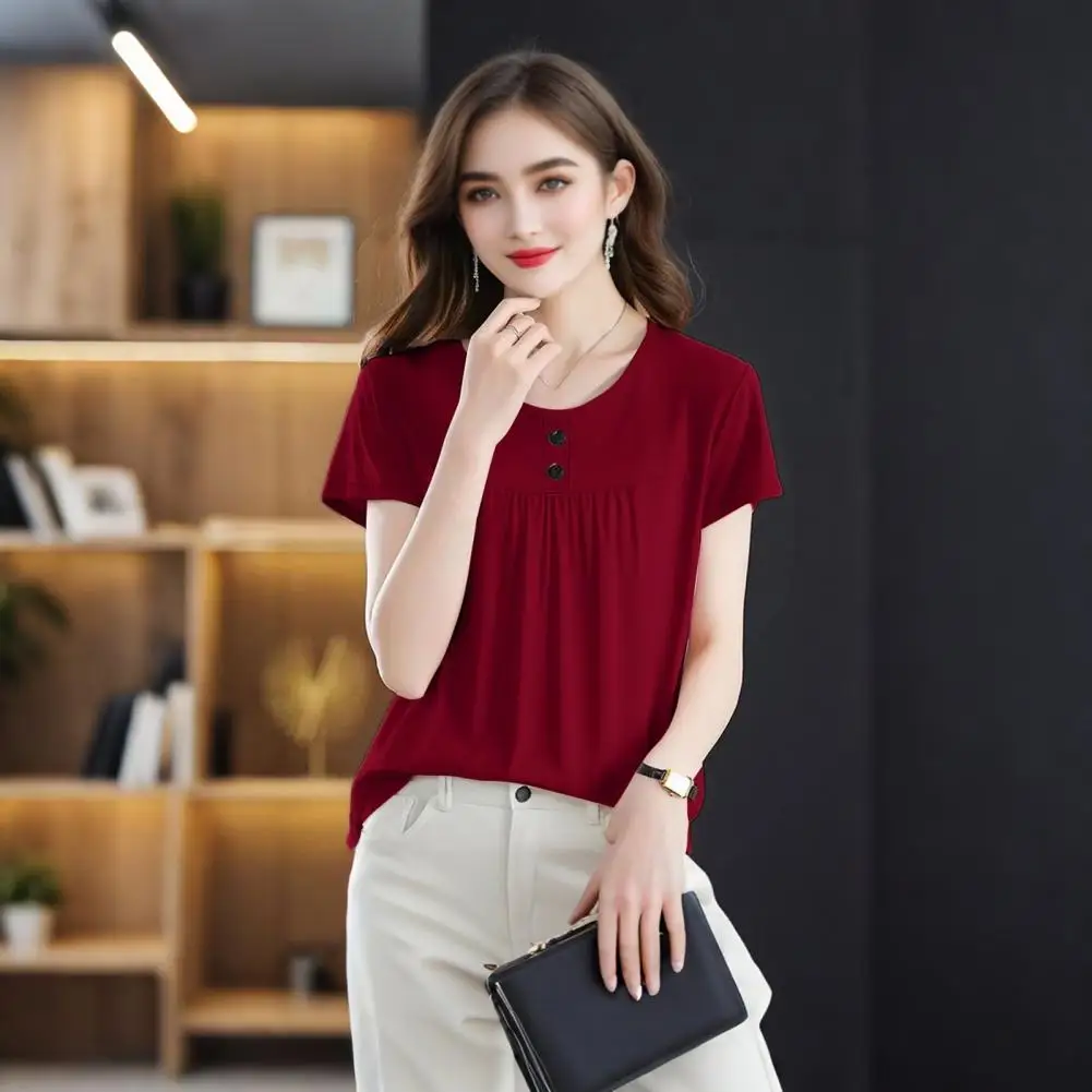 

Summer Casual Short Sleeve T-shirts Stylish Women's Round Neck Short Sleeve Tee Shirt with Button Detailing for Versatile