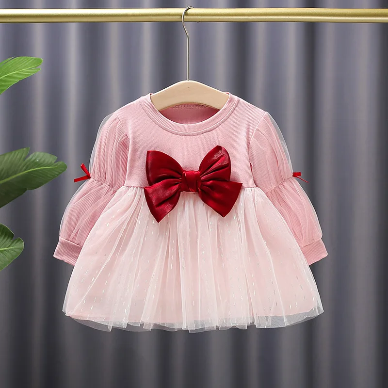 Spring and Autumn Princess Dress Girls Mesh Bowknot Long Sleeve Dress Cute Tutu Skirt Kids  Outfit