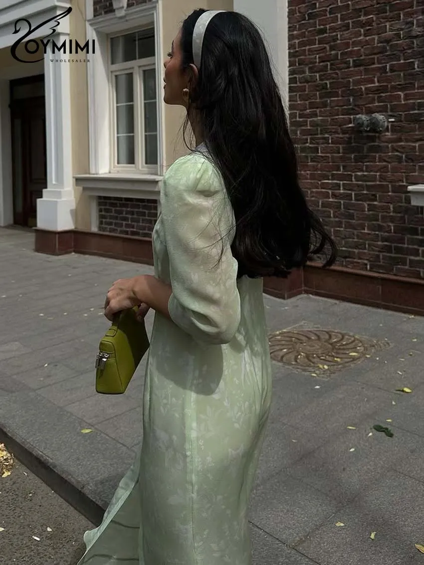 Oymimi moda vestidos estampados verdes 2025 mujer elegante Patchwork vestido de manga tres cuartos otoño vestido con volantes de un solo pecho