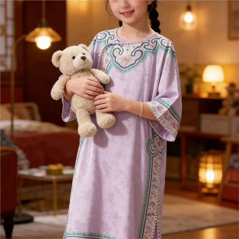 Chinese Style Nightgown Girls Spring Summer Court Style Design Loose Home Clothes Medium Length Nightgown Skirt Sleepwear ZJ10