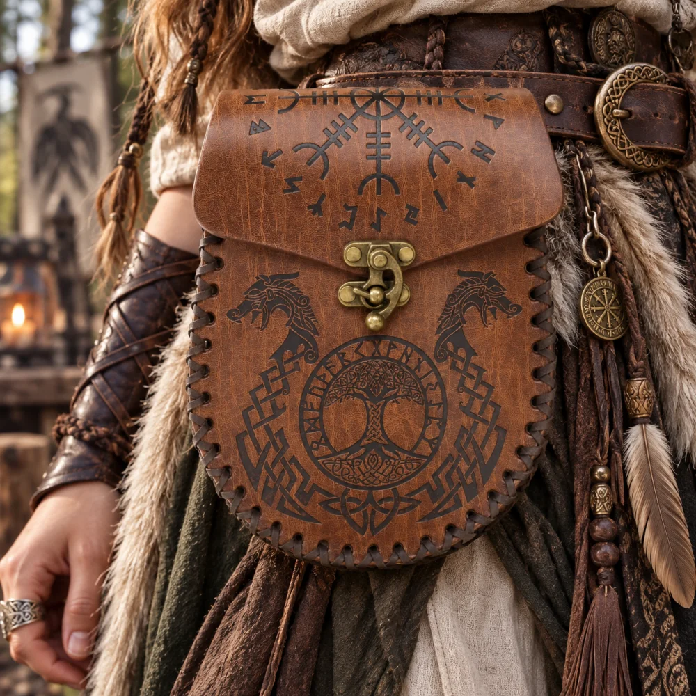3PCS Medieval PU Leather Belt Set for Women, Black Long Waist Belt with Dragon Pouch & O-Ring Mug Holder, Elf Ranger Witch Vikin