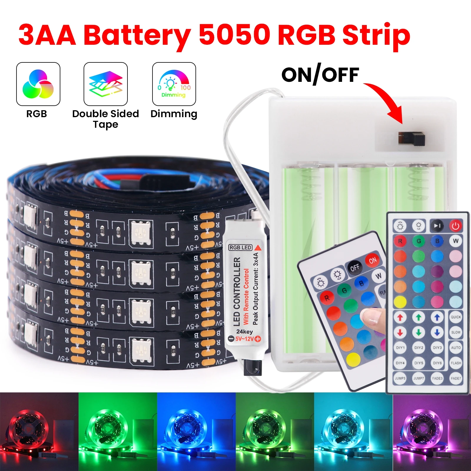 3AA Battery Power 5V RGB Led Strip Light 5050 SMD 30LEDs/M Flexible Ribbon Tape Backlight With Remote Control 1led Cuttable