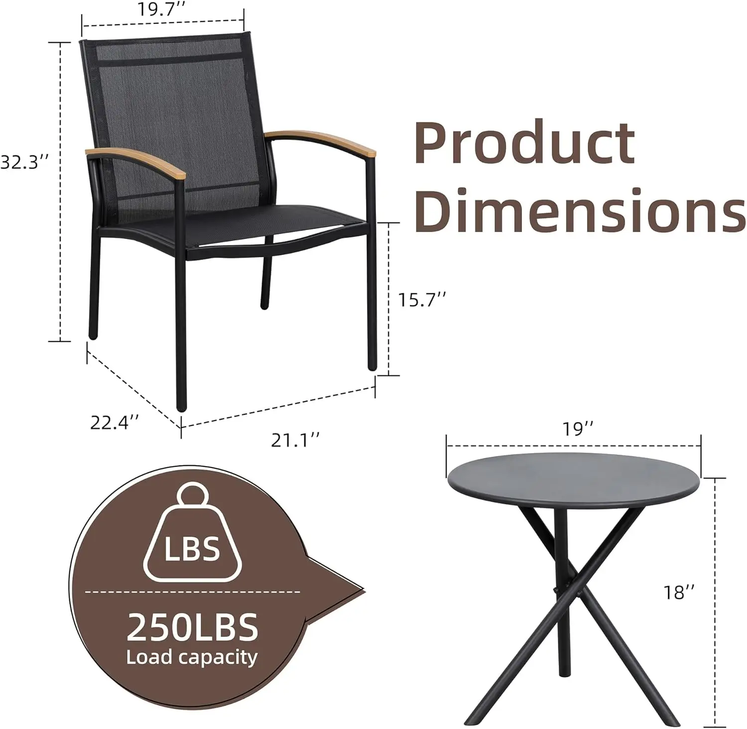 طقم بيسترو خارجي مكون من 3 قطع مع كراسي وطاولة من قماش Textilene للفناء والحديقة والشرفة باللون الأسود