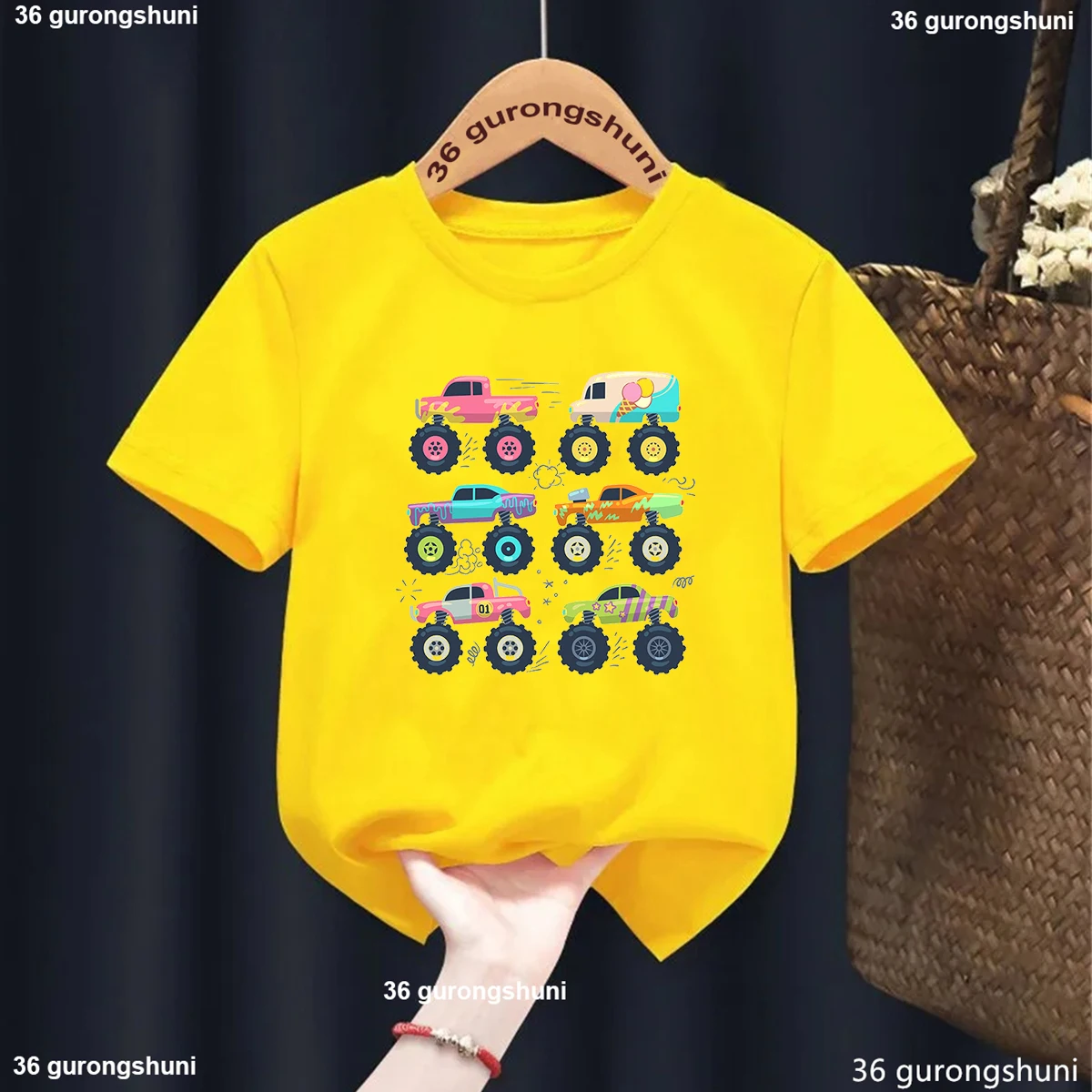 

2025 Summer Fashion Monster Animal Truck Printed Children T-Shirts Harajuku Casual Yellow Short Sleeve Solid Boys T-Shirt Tops