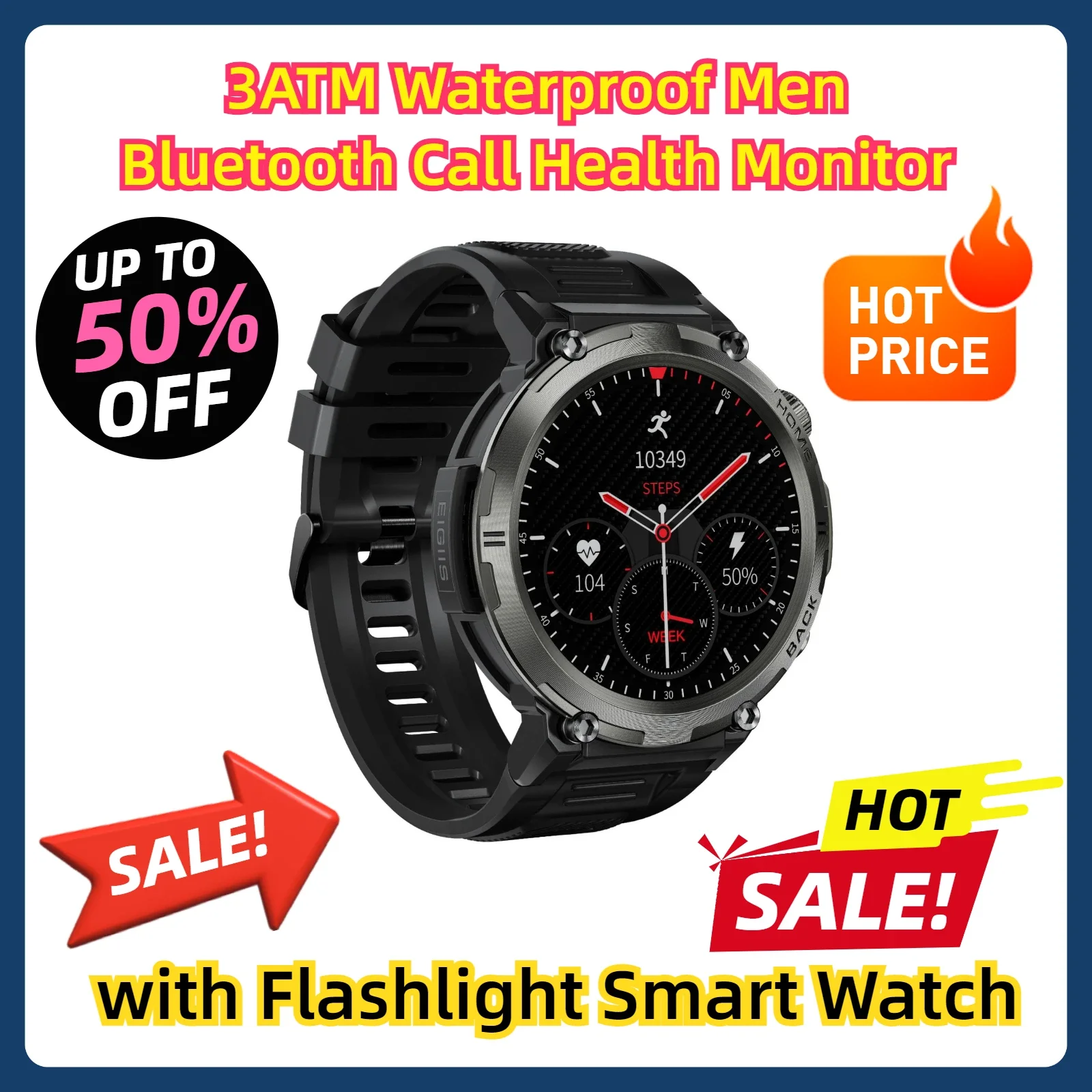 3ATM Waterproof Men Bluetooth Call Health Monitor With Flashlight Smart Watch