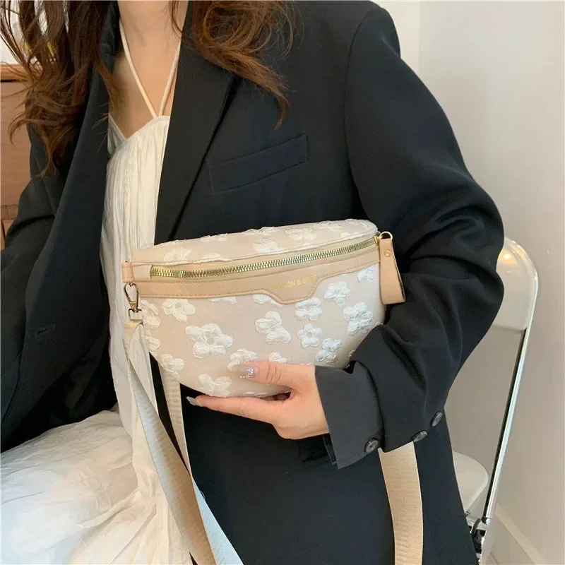 2024 Flower Soft Fabric Waist Bag Women Fan Bag Embroidered Leisure Waist Bag Women\'s Wide Backband Shoulder Crossbody Chest Bag