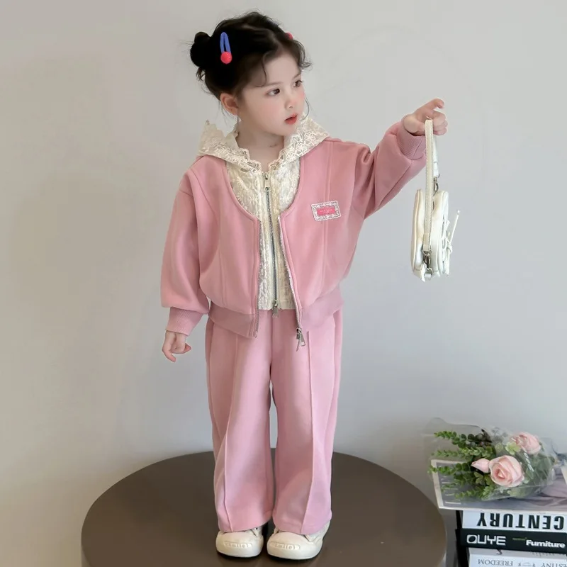 2025年秋新作 子供服 韓国風 女の子 ベビー レースパーカー フェイクツーピース パーカーパンツ カジュアルスーツ