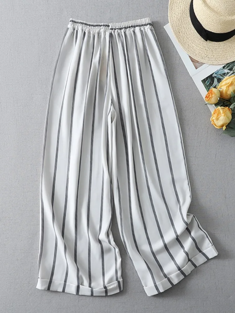 Simple Linen Japanese Style Striped Cuffed Wide Leg Pants Women Summer Elastic Waist Drawstring Thin Casual Nine Point Straig...