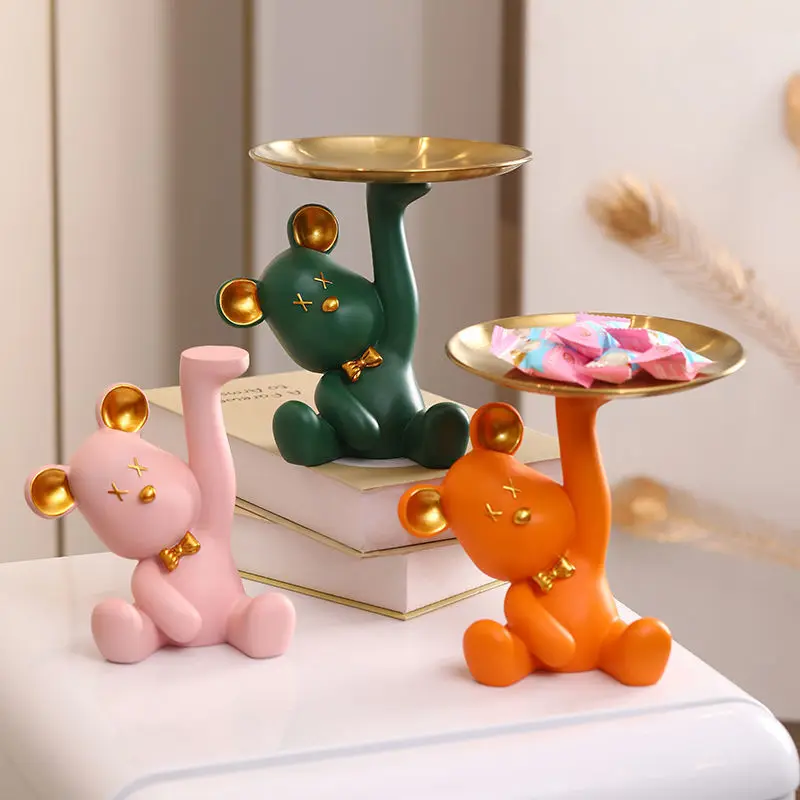 Little Bear Statue Desk Accessories Key Storage Tray Table Resin Home Decoration for Living Room Figurines Sculpture Craft Gifts