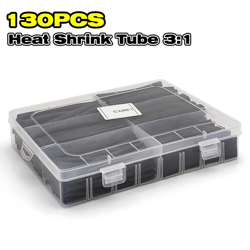 130Pcs Black 3:1 Dual Wall Adhesive Heat Shrink Tubing Flame Retardant Anti-Corrosion For Yacht Low Voltage Cable Joint Sealing