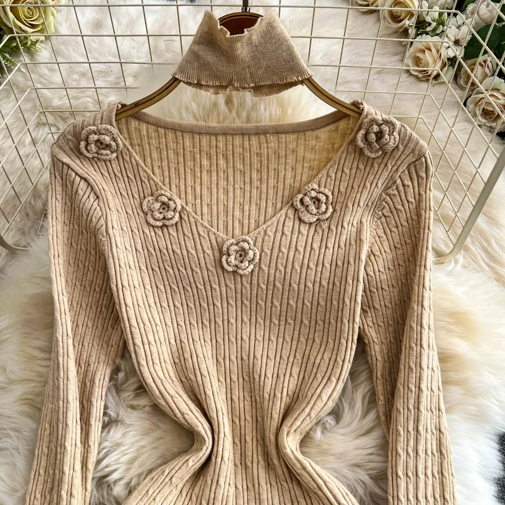 Elegant V-neck Vintage Long Sleeves Chic 3D Flower Slim Knitted Dresses French Evening Women High Street Autumn Winter Clothing