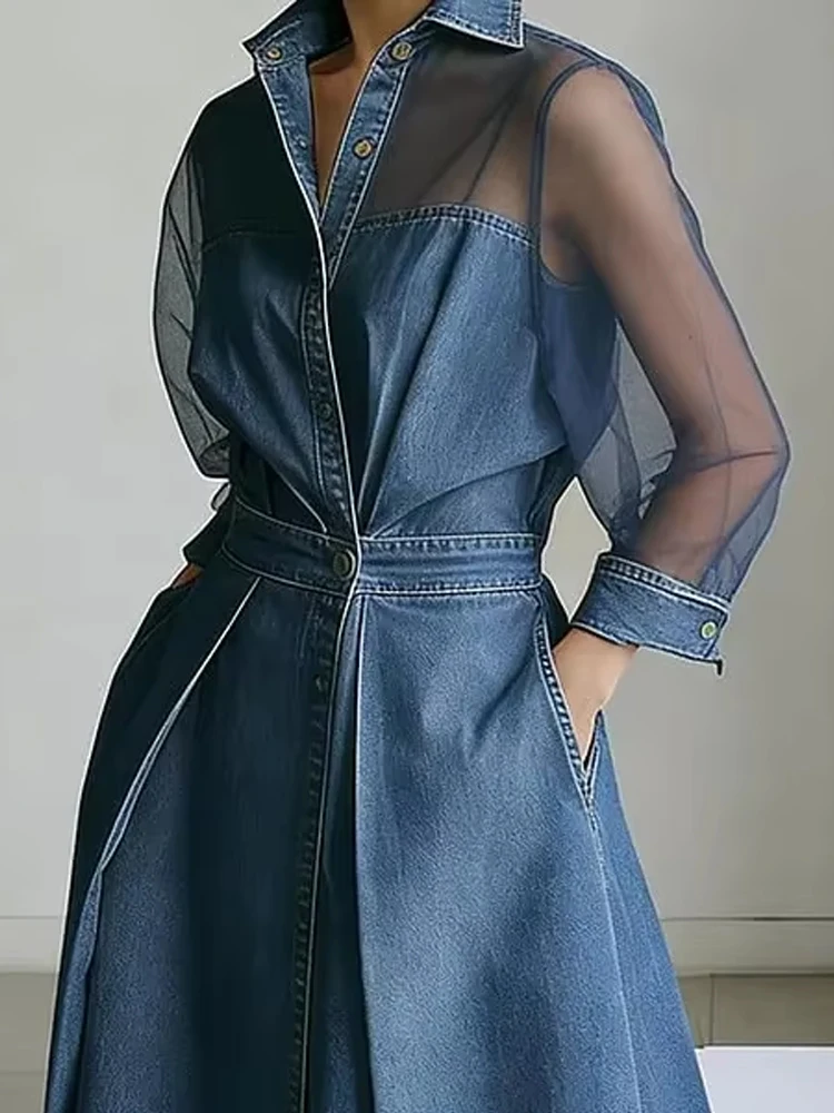 Damen Jeans-Mesh-Patchwork-Midikleid mit Reverskragen, Knöpfen, Transparenten Langen Ärmeln, Taschen, Schickes Elegantes Streetwear Langes Kleid