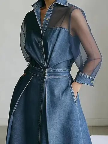 Women's Denim Mesh Patchwork Midi Dress Lapel Collar Button Sheer Long Sleeve Pocket Chic Female Elegant Streetwear Long Dresses