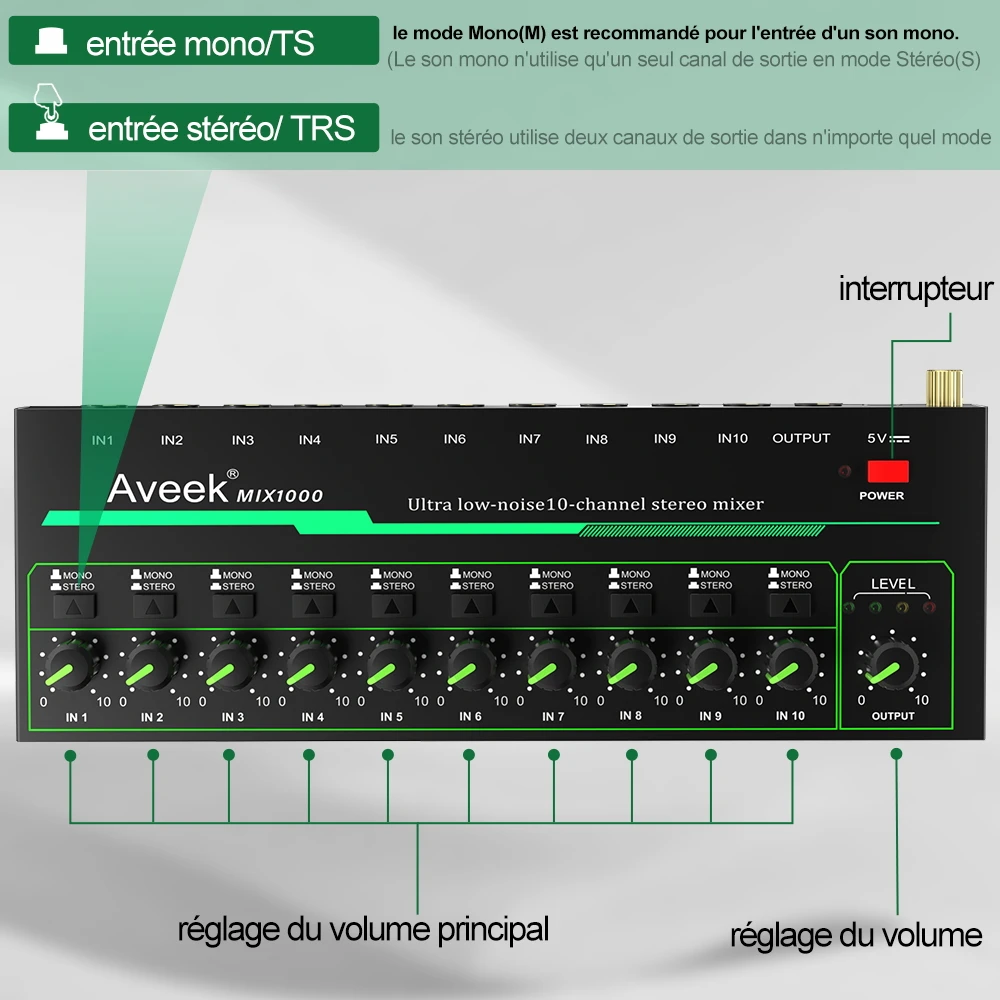 Aveek 10 Channel Mixer - Mini 10 Stereo Audio Mixer, Low-Noise for Precision Sub-Mixing,1/4