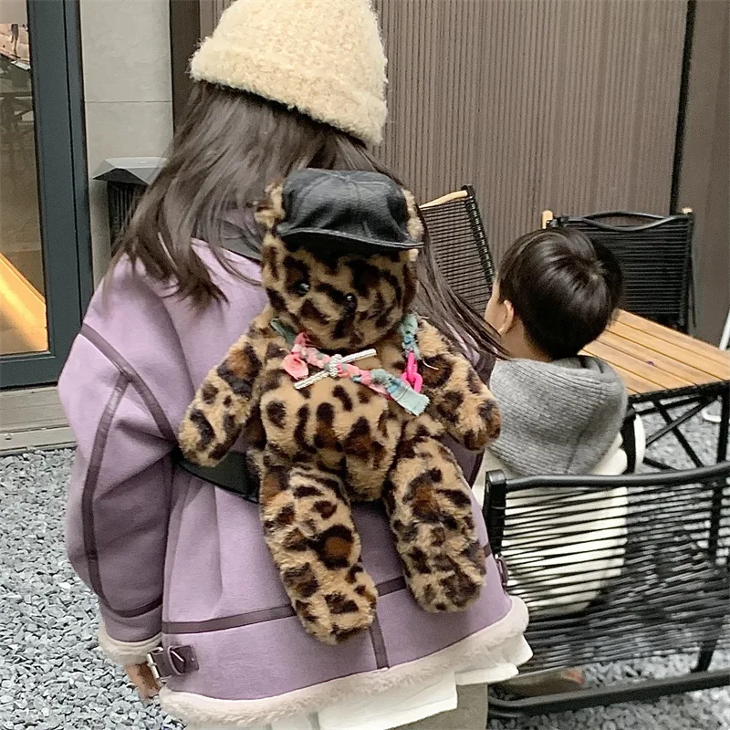 2025 New Plush Stuffed Kids Shoulder Bag Korean Version Of The Fashion Leopard Boys Girls Backpack Cute Bear Bag Birthday Gifts