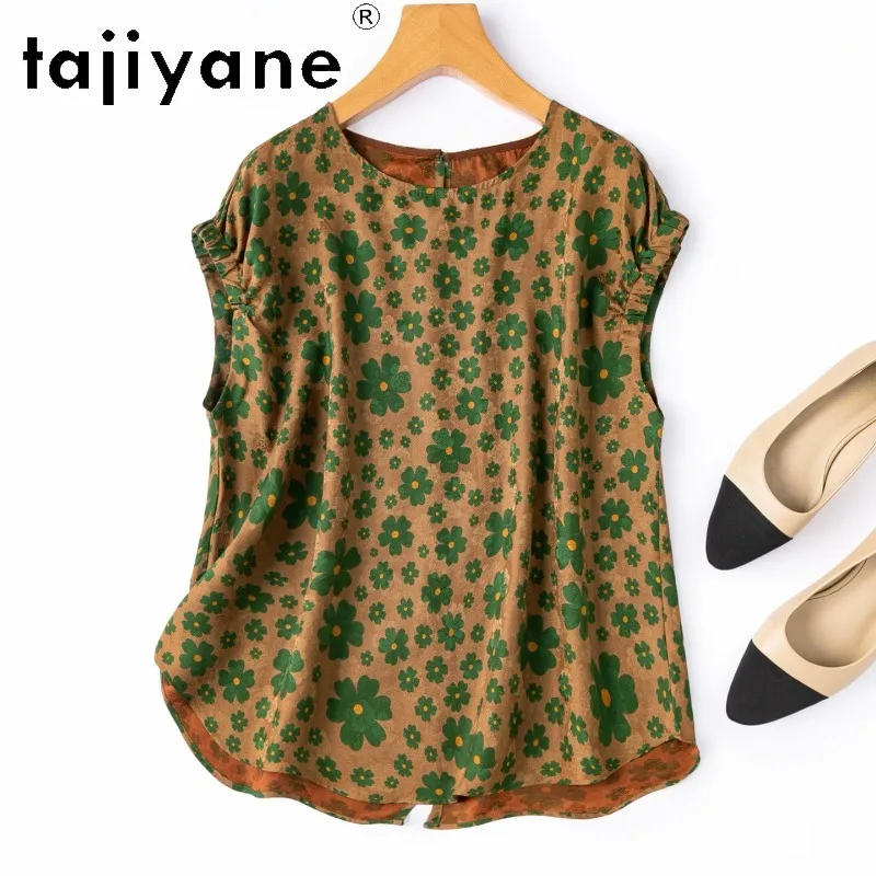 TAJIYANE 100% Mulberry Silk Jacquard Shirt Women Xiangyunsha Blouse Print Summer Tops for Woman T Shirt Back Slit Camisas Loose
