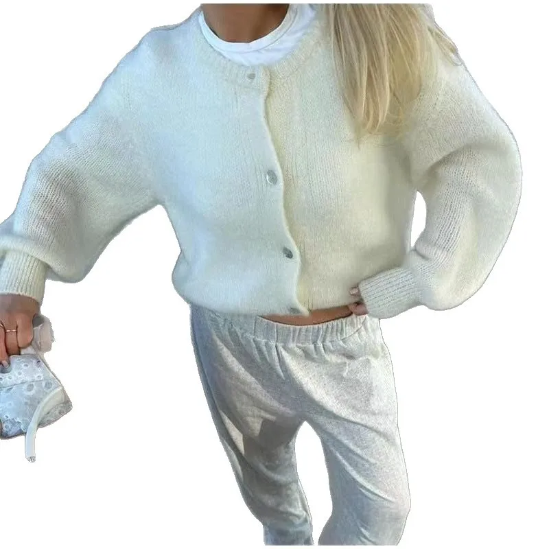 المرأة سترة مشغولة من الصوف عادية الصلبة الخريف الشتاء موضة طويلة الأكمام متماسكة ملابس خارجية الإناث الترفيه سترة لينة متماسكة القمم #5