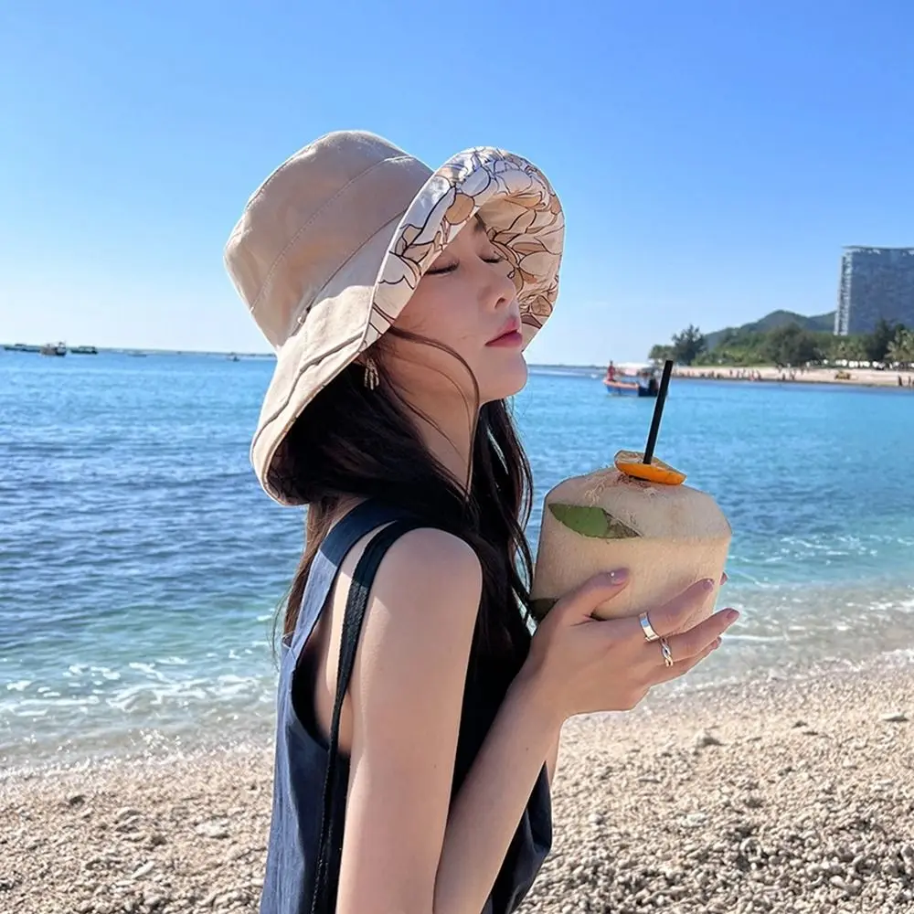 Double-Sided Women Fisherman Hat Flower Print Solid Color Summer Sun Hat Sun Protection Wide Brim Sunscreen Visor Cap Ladies